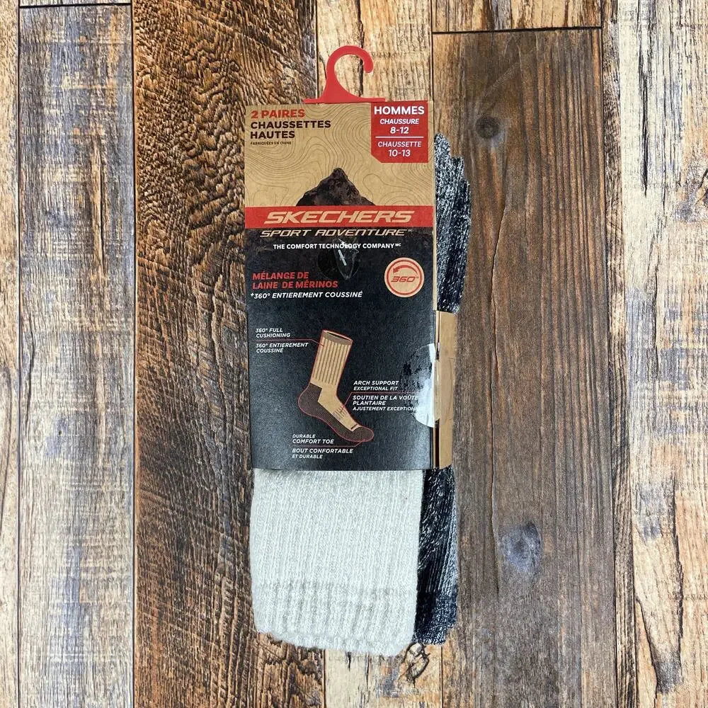 Skechers Mens 8-12 Gray White Sport Adventure Merino Wool Blend Hiking Socks 2pk